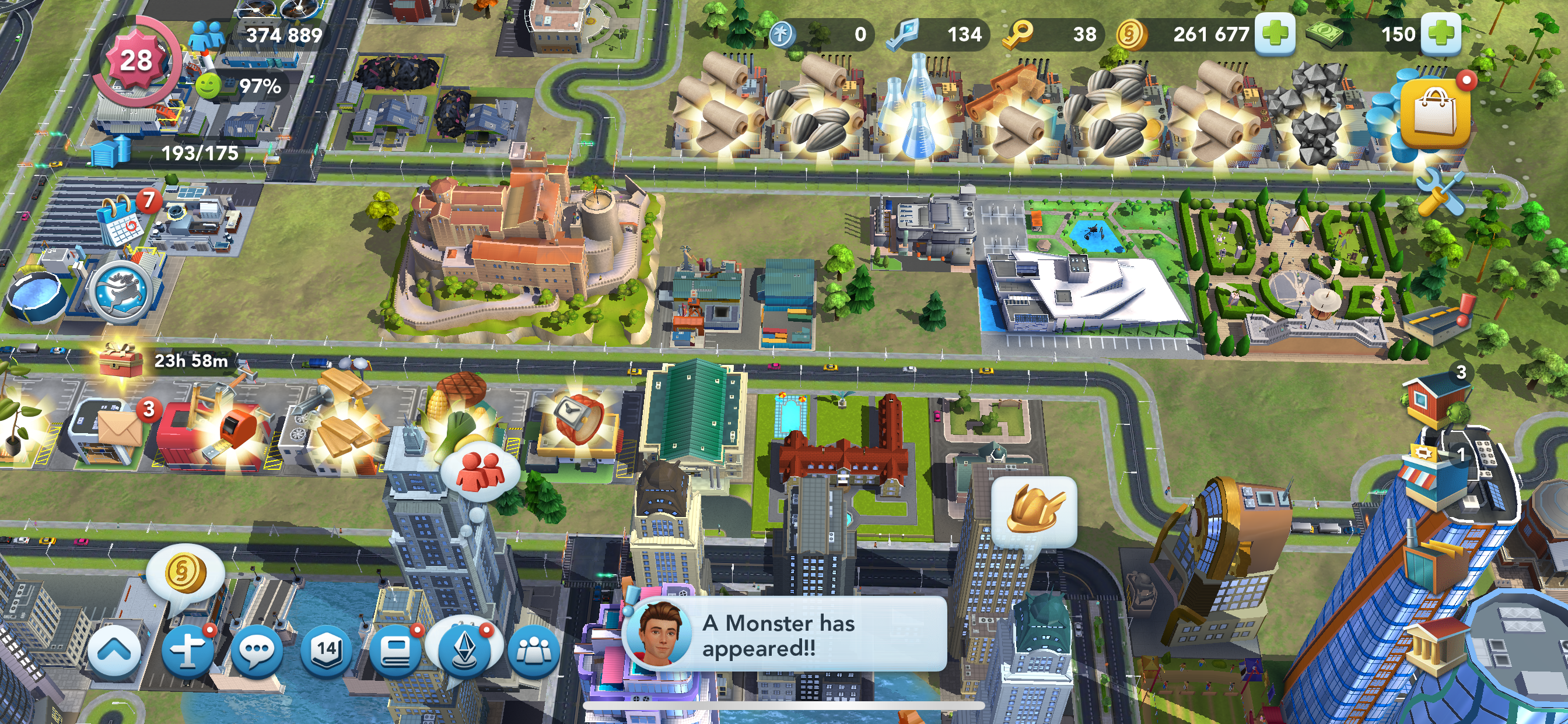 Screenshot of SimCity BuildIt mobile game app showing production factories, city government buildings, homes, and storefronts 