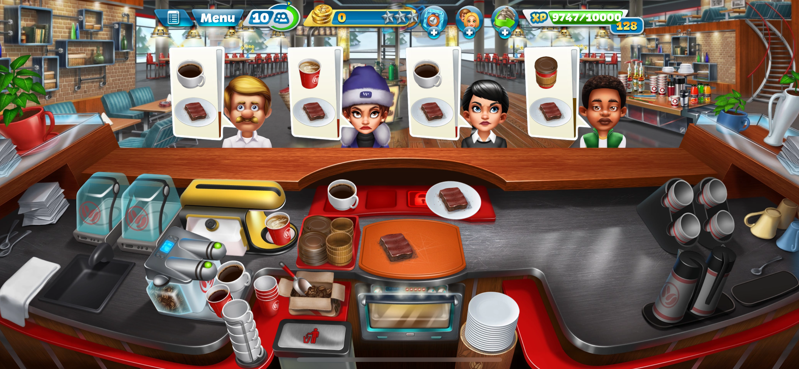 Cooking Fever time management game screenshot of coffee shop customers and orders to be filled for drinks and desserts.